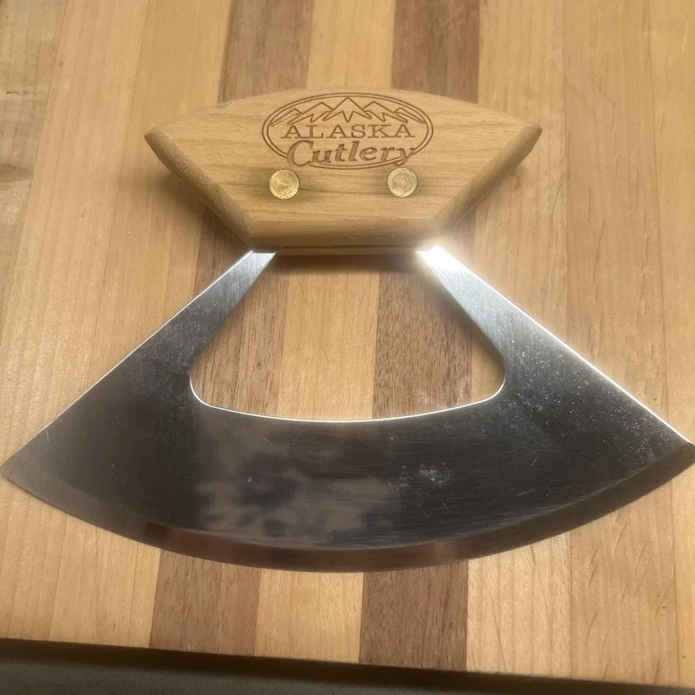 Alaska Cutlery ULU 6 Inch Knife & Wood Chopping Bowl W/ Salad Server Bear Paws